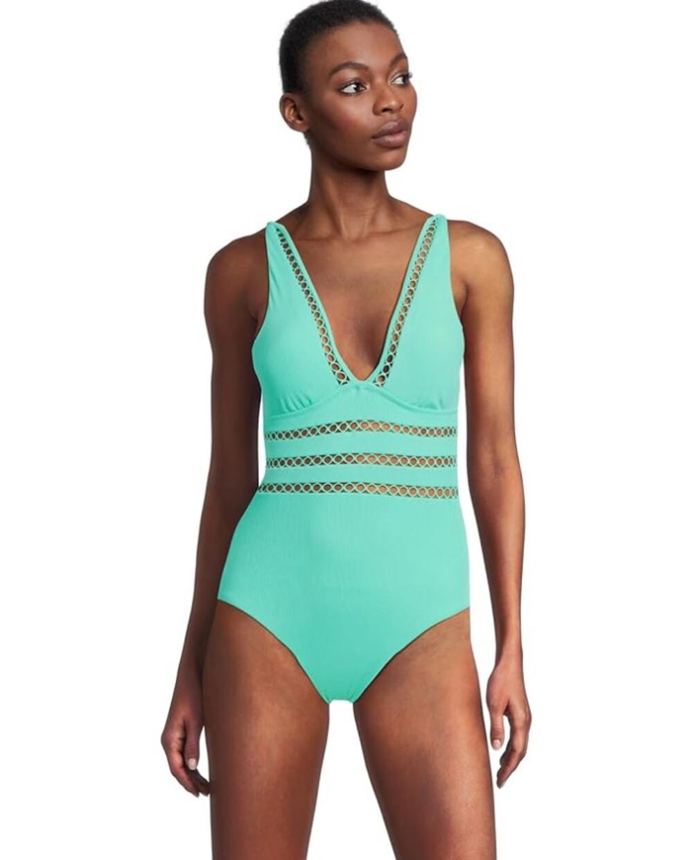 BECCA Modern Edge Toni One-Piece Swimsuit Small Aqua Sea Green Rib Plunge NWT